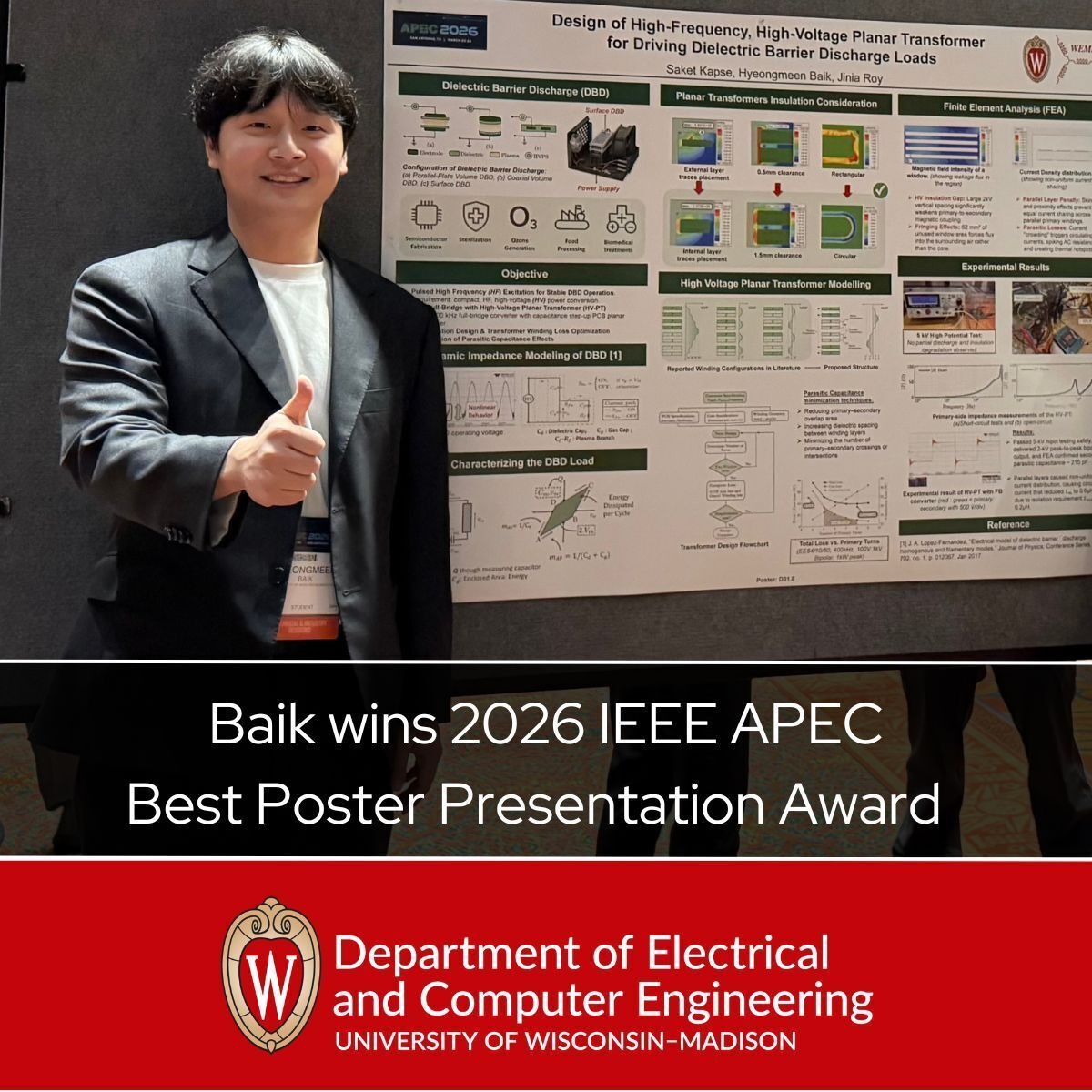 Hyeongmeen Baik Wins Best Poster Presentation Award at 2026 IEEE APEC for High-Frequency Planar Transformer Design